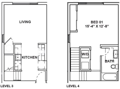 A drawing of a two level home with a living room, kitchen, and bedroom.